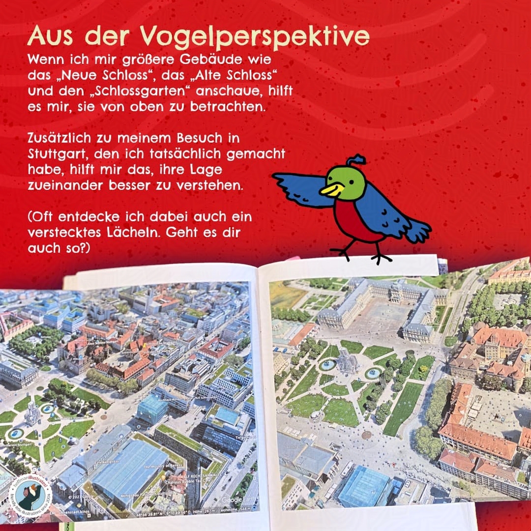 Notizbuchseite mit zwei aufgeklappten Google-Earth-Ausschnitten von Stuttgart – das Alte Schloss, das Neue Schloss Schlossgarten und Umgebung aus der Vogelperspektive.
