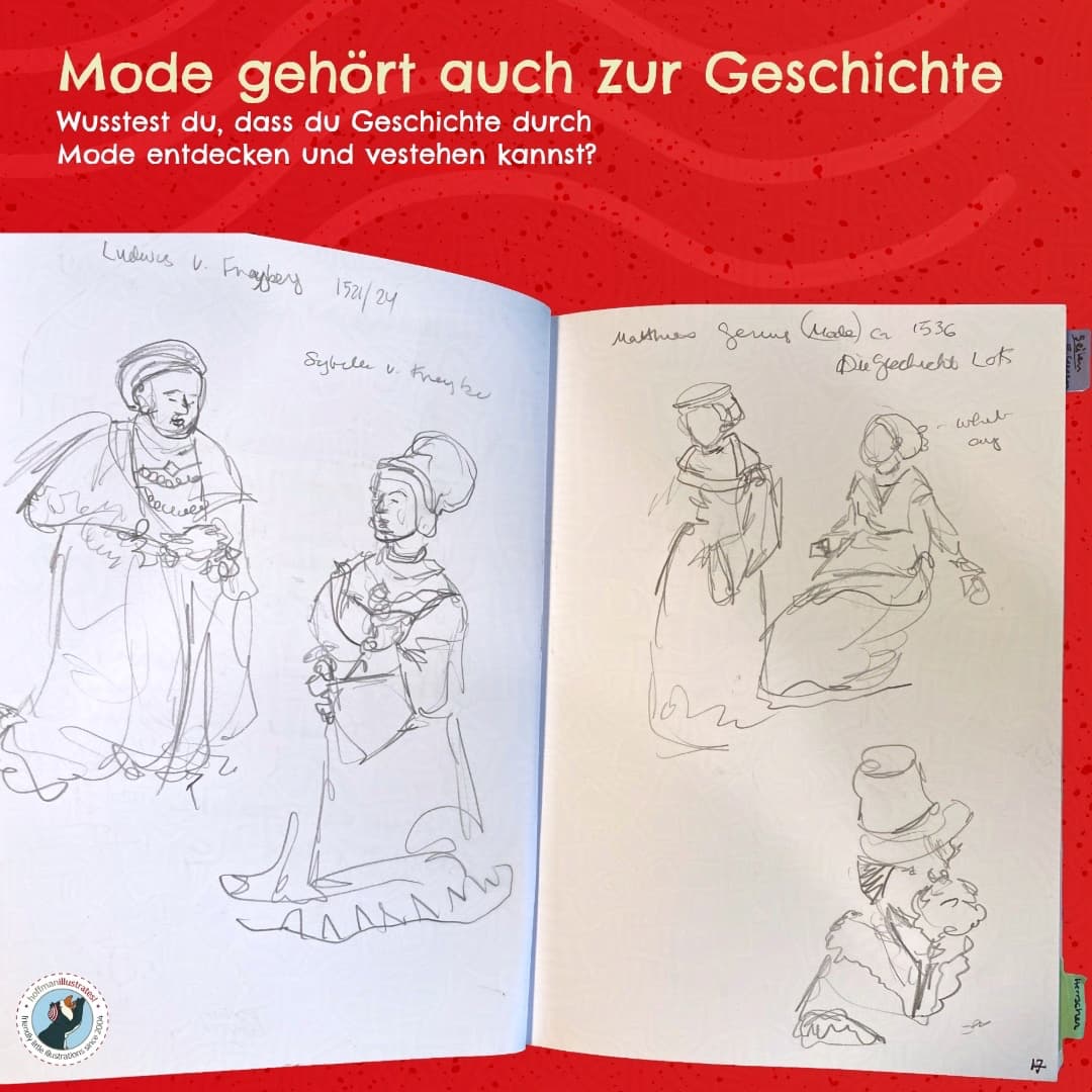 geschichte-stuttgart-wimmelbuch-mode-protected-intensity-LOW-V2 Modeskizzen aus dem Recherche-Journal von Kimberley Hoffman, inspiriert von historischen Gemälden.