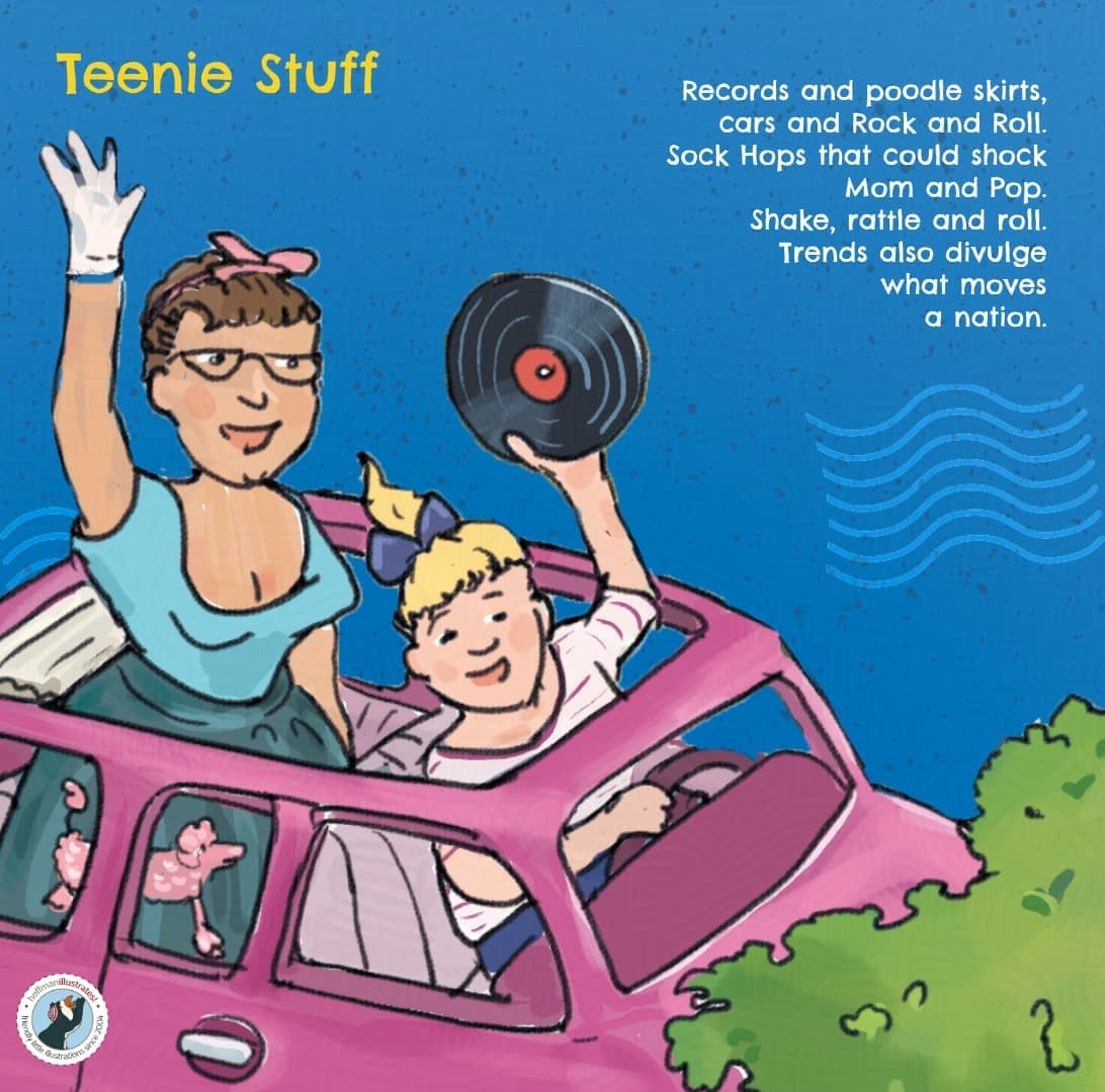 Two girls in 1950s style cruise in a pink car. One is wearing a poodle skirt, the other is holding a record in the air – rock ‘n’ roll history on four wheels.