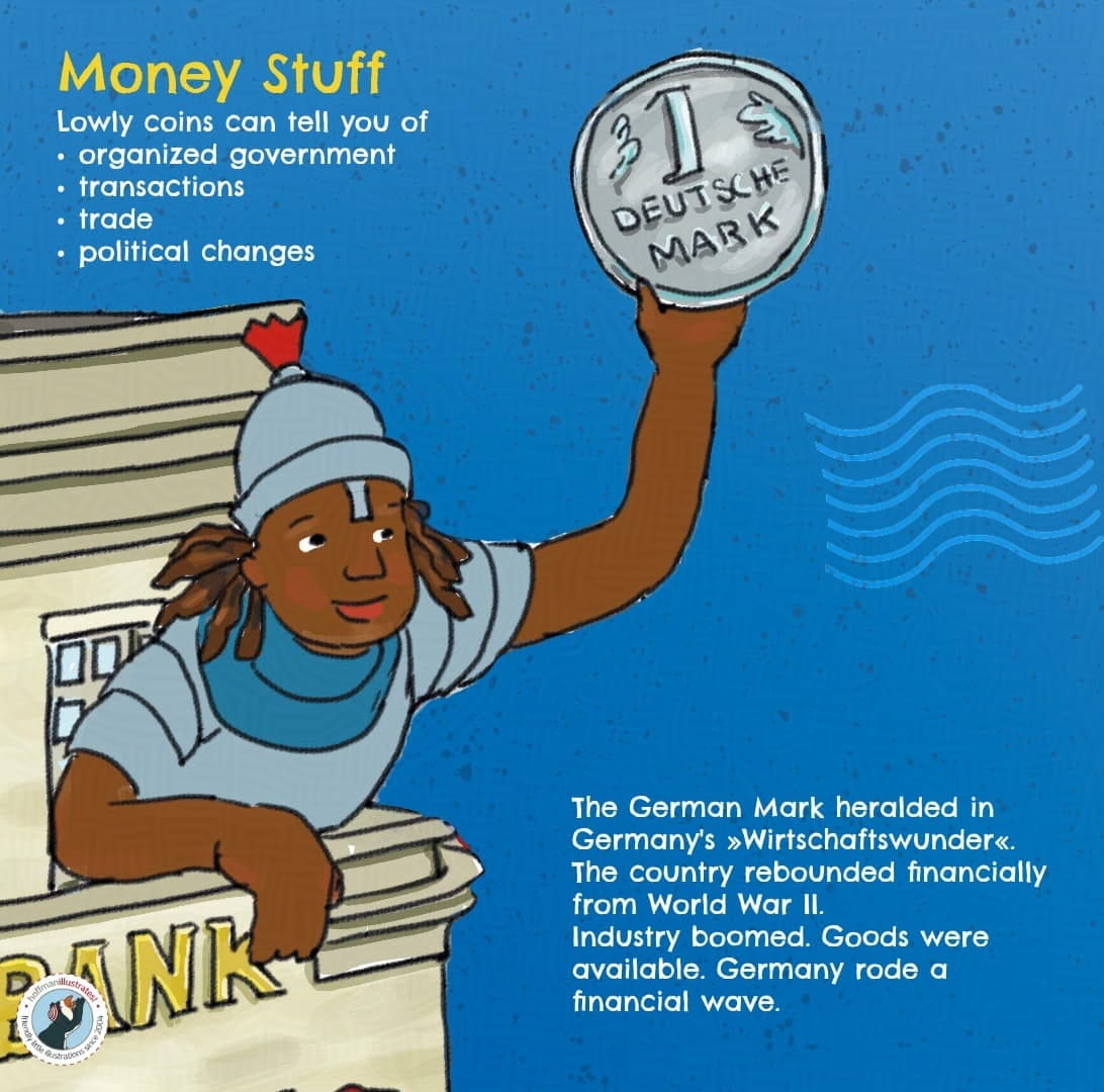 A Roman soldier (people of color) stands on the balcony of a modern bank holding up a Deutschmark coin – a busy connection between antiquity and the German economic miracle.