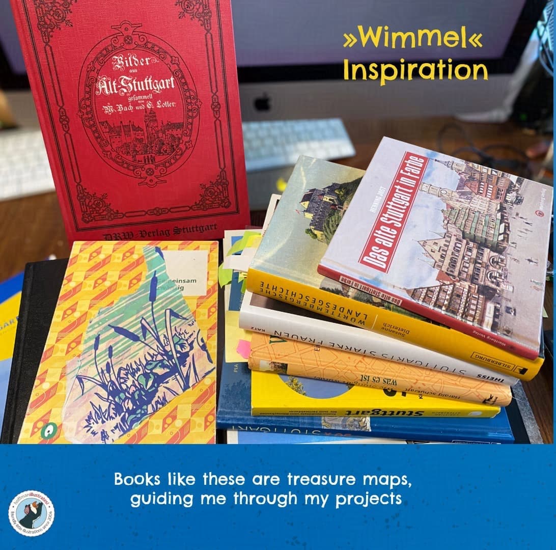 Photo of a stack of books on the history of Stuttgart – the basis for the historical search-and-find book “Historischer Wimmelspaß in Stuttgart” (Historical Wimmel Fun in Stuttgart).