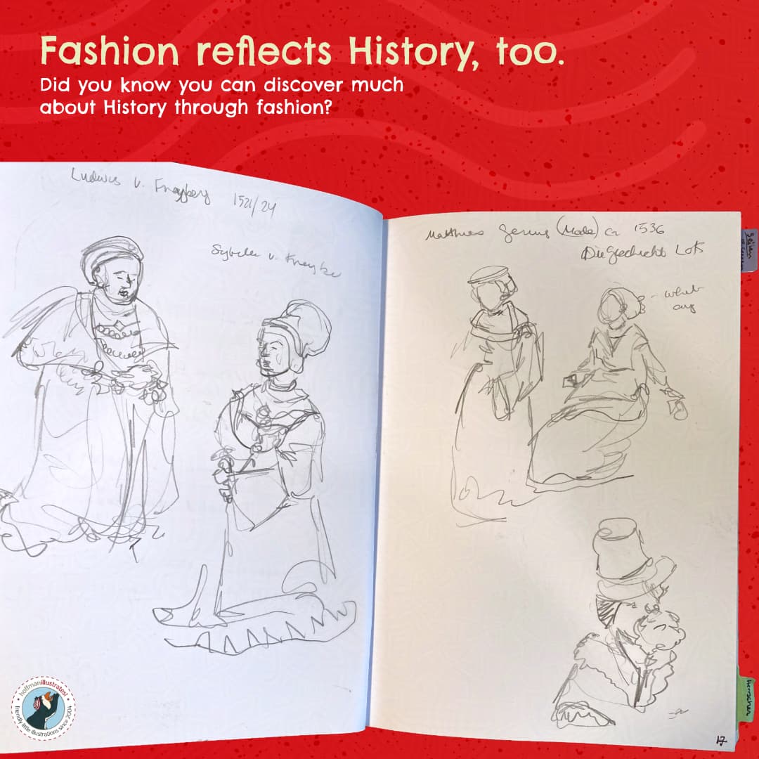 Sketches of historical fashion in Kimberley Hoffman’s research journal. They were inspired by old paintings.