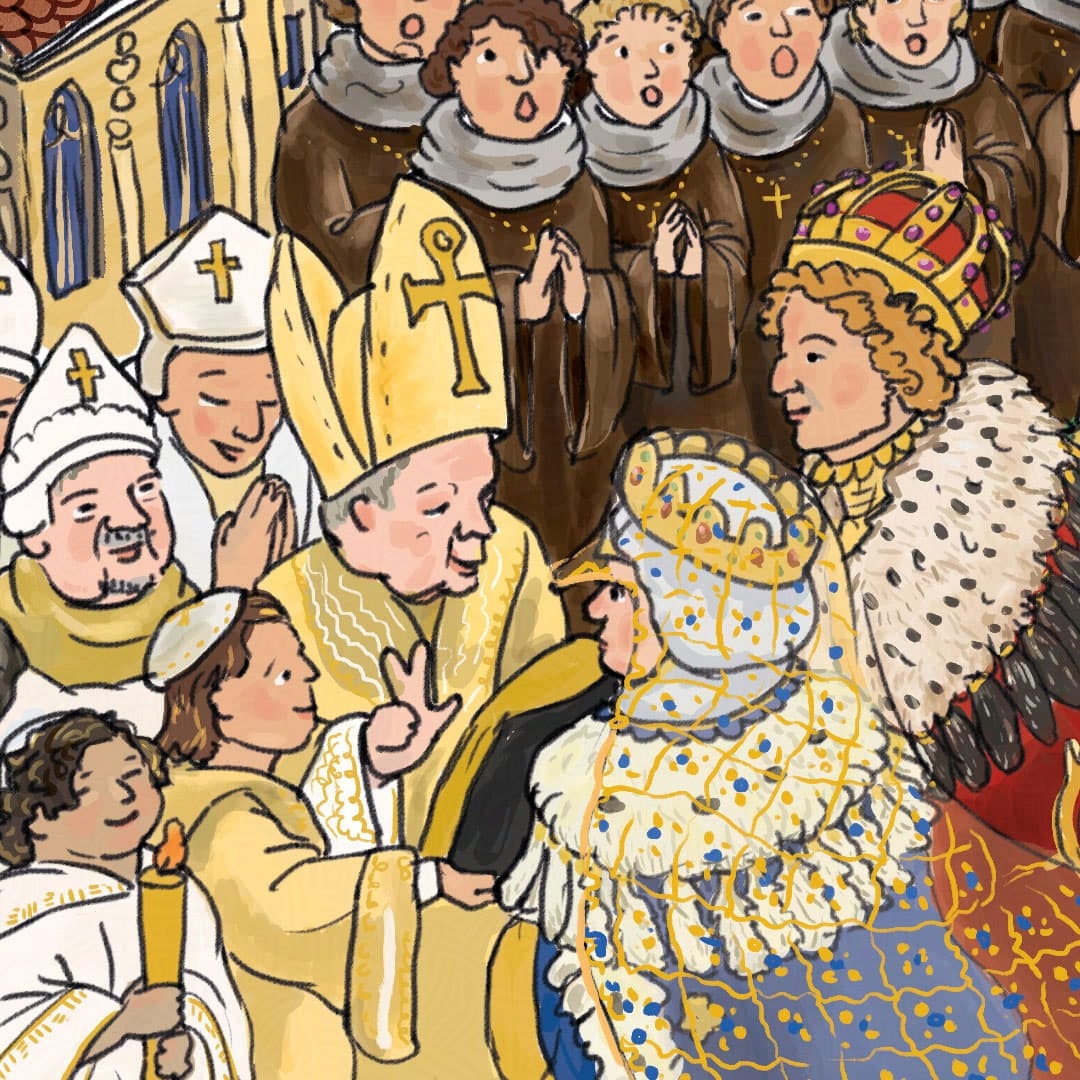Ausschnitt eines größeres Wimmelbilds. Es zeigt die Vermählung von Herzog Ulrich von Württemberg und Sabina, die Tochter des Herzogs von Bayern in Stuttgart vor der Stiftskirche