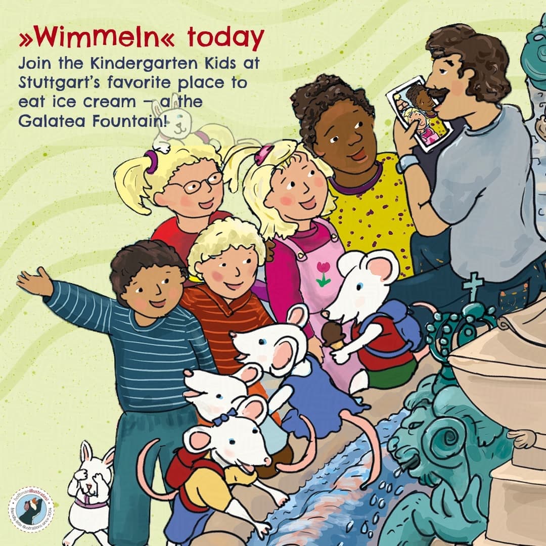 This search-and-find illustration (detail) shows the kindergarten kids as they are today. They are at a famous historical fountain in Stuttgart that has a beautiful view and are happily excited to get some ice cream. Teacher Cemil has taken a photo of three of the girls. The corn mice are sitting by the fountain. Simon is finishing his ice cream.