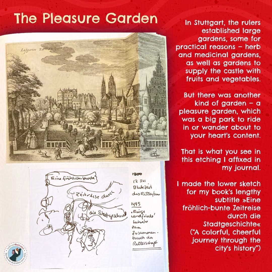 Notebook page with copy of etching of the pleasure garden which inspired a sketch for the caption “Historical Wimmel Fun in Stuttgart.”