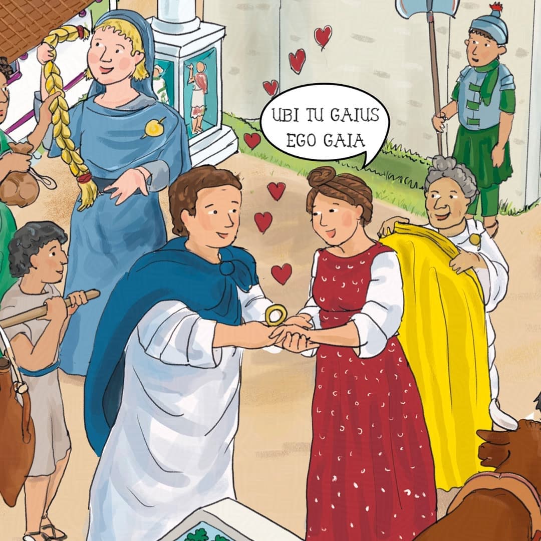 A Roman couple exchanges wedding vows with the words “Ubi tu Gaius ego Gaia,” which means “Where you will be, there I will be.” A maternal figure envelops the young bride in a yellow cloth. Note: This couple is one of the recurring characters in the search-and-find book—the lovers.
