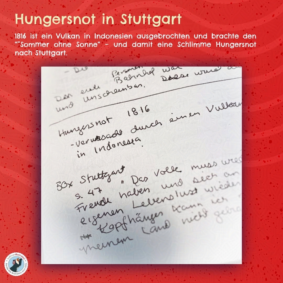 Grafik: H1:Hungersnot in Stuttgart Handschriftlicher Notiz aus dem Notizbuch von Kimberley Hoffman zur Hungersnot 1816 in Stuttgart, ausgelöst durch einen Vulkanausbruch in Indonesien.