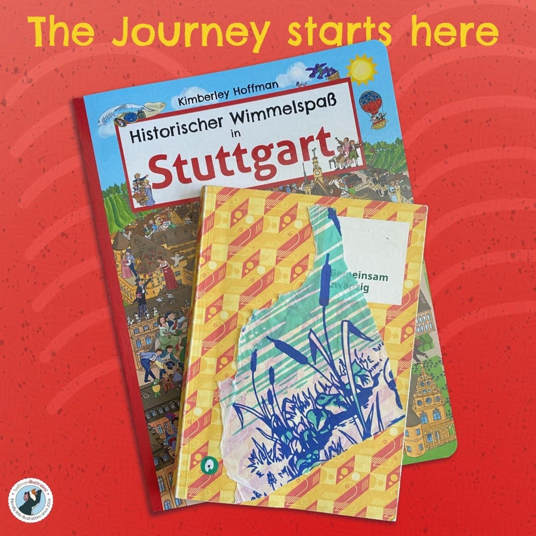 Graphic with red background: Photo of the search-and-find book “Historischer Wimmelspaß in Stuttgart” (Historical Wimmel Fun in Stuttgart) and Kimberley Hoffman’s yellow research notebook
