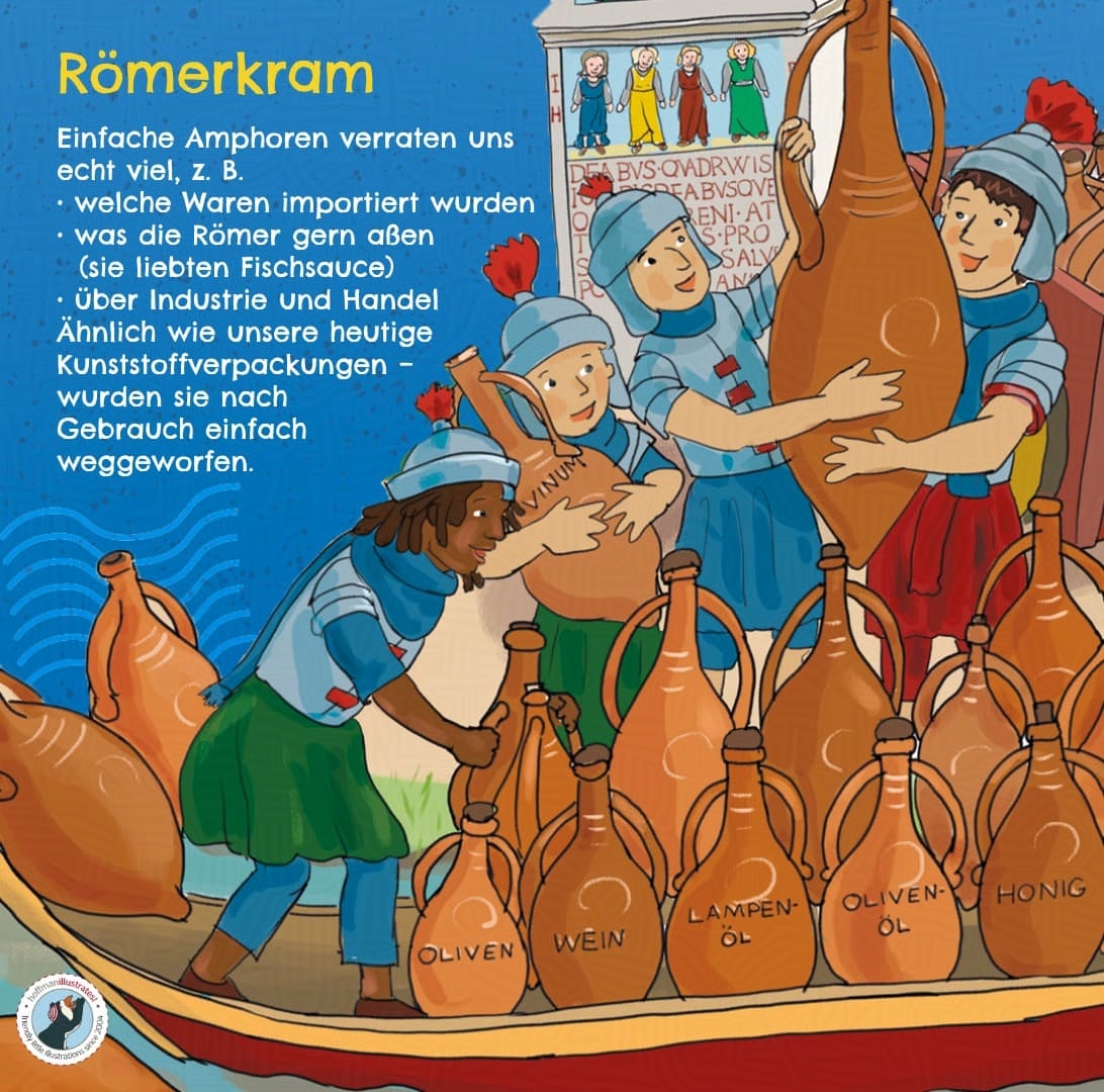 H1 Römerkram Illustration: Vier römische Soldaten entladen einen Lastkahn voller Amphoren – Szene aus dem historischen Wimmelbuch »Historischer Wimmelspaß in Stuttgart«