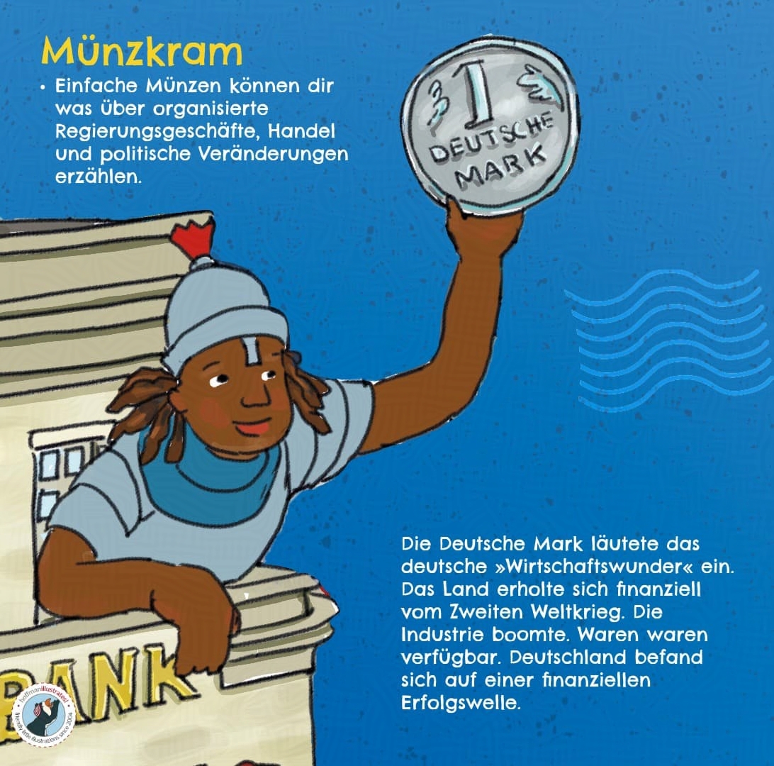 Ein römischer Soldat (People of Color) steht auf dem Balkon einer modernen Bank und hält eine D-Mark hoch – eine wimmelige Verbindung von Antike und deutschem Wirtschaftswunder.