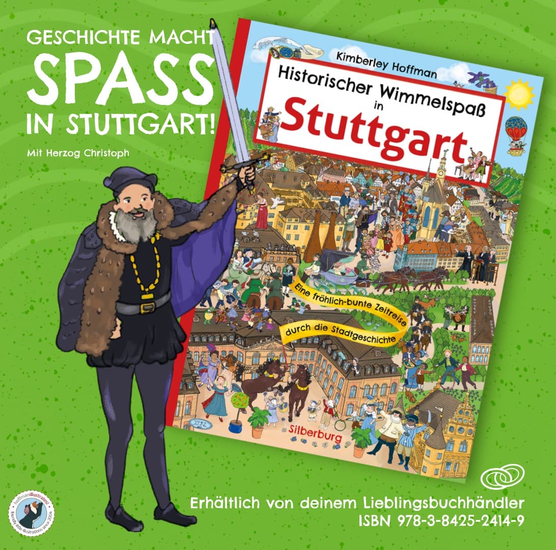 Coverabbildung des Wimmelbuchs »Historischer Wimmelspaß in Stuttgart«. Die Figur von Herzog Christoph salutiert mit gezücktem Schwert – bereit zur Zeitreise.