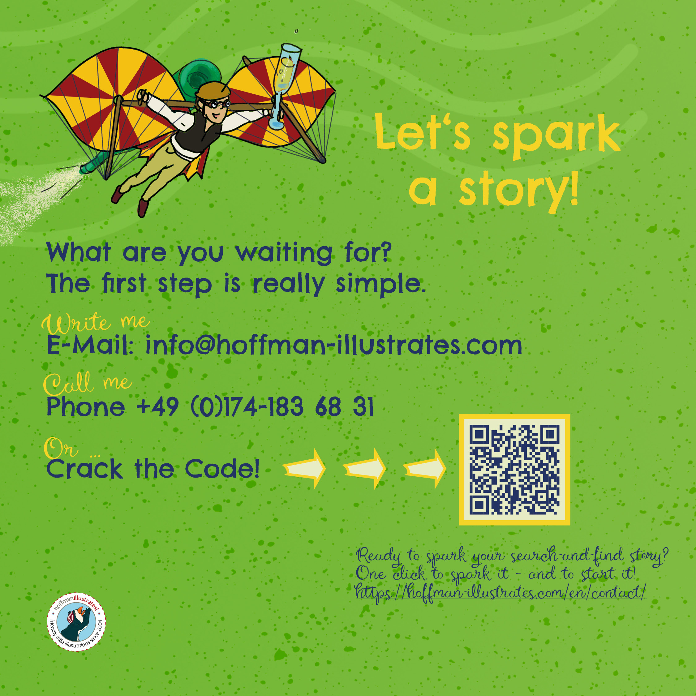 Illustration showing different contact options and a depiction of the famous Tailor of Ulm from the seek-and-find book Schwaben wimmelt. Includes email, phone number, and website contact link.