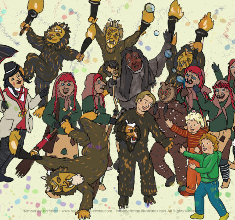 Wimmelbild mit historischen Faschingsfiguren. Darunter gibt es turnende Teufel, rothaarige Hexen, eine braune Eule, eine Schönlarven-Figur mit dunklem Regenschirm und zwei normal gekleidete Kinder.